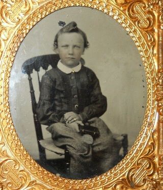 1/6 Plate Ruby Ambrotype Of Young Boy With Book Sitting In Chair Half Case
