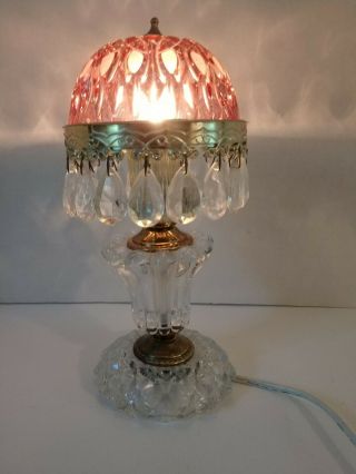 Vintage Small Boudoir Glass Crystal Table Lamp With Pink Shade Hanging Crystals
