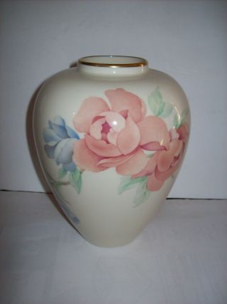 Lenox Chatsworth 9 " Vase With Gilt Edges Floral Pattern Blue Green Pink Cream