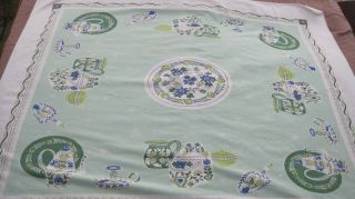 Lovely Vintage Floral Tablecloth Green And Blue Teapots Pitchers 44x51 Inches