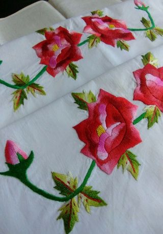 Vintage Set Of 2 Bolster Pillowcases Hand Embroidered Roses 26 1/2 " ×15 " (95)