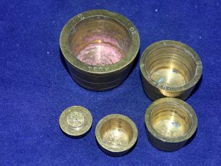 Lovely Complete Matching Set of 5 Antique Brass Cup Weights,  4 Troy oz Total 3
