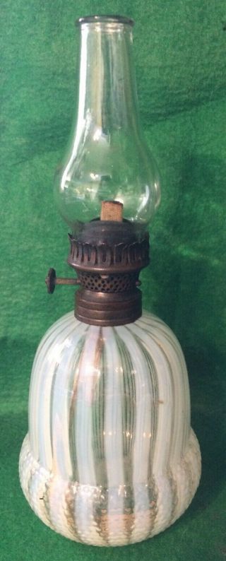 Vintage Miniature Clear And White Opalescent Glass Oil Lamp Lantern 8 Inches