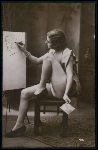 Photo French Risque Woman Artist Painter Near Nude Old 1920s Postcard