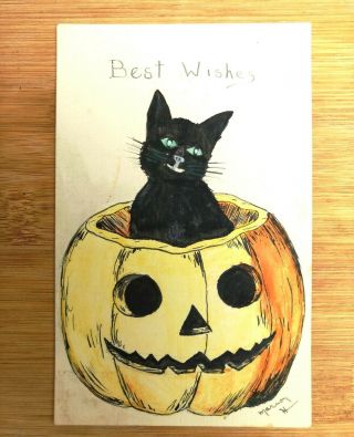 Halloween Postcard Vintage 1917 Hand Painted Black Cat In Jack - O - Lantern Pumpkin