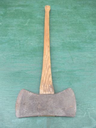 Antique Hewing Double Bit Axe Head 4 " Long Blade Tool With 31 " Wooden Handle