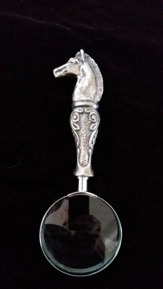 Rare Large Vintage Sterling Silver Knight Horse Head Handle Magnifying Glass