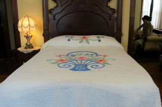 Vintage White Cotton Chenille Bedspread W/ Flower Basket 92 " X 102 "