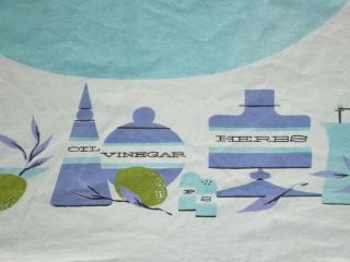 Vtg Mod Cotton Tablecloth Kitchen Motif 52 X 58 " Periwinkle Blue & Aqua Cutter