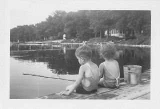 Sitting On The Dock Of The Bay - Kids Fishing On Pier Bait Pail Vtg Photo 136