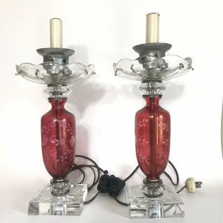 Vintage Cranberry Glass Lamp Pair Ruby Red Bohemian Glass