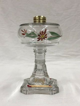 C.  1880’s Hand Painted Match Holder Base Clear Glass No.  1 Size Kerosene Oil Lamp