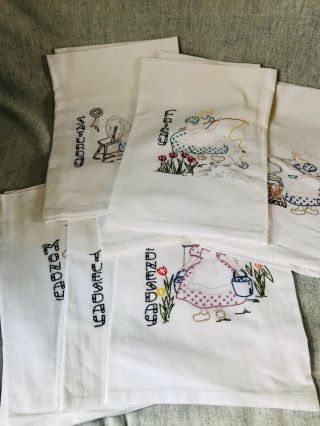 Hand Embroidered Days Of The Week Tea Towels,  Set Of 7,  Little Dutch Girl
