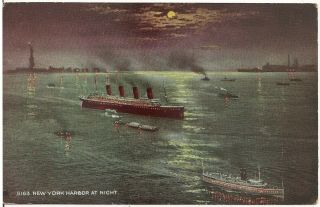Ships In York Harbor At Night Postcard 1913