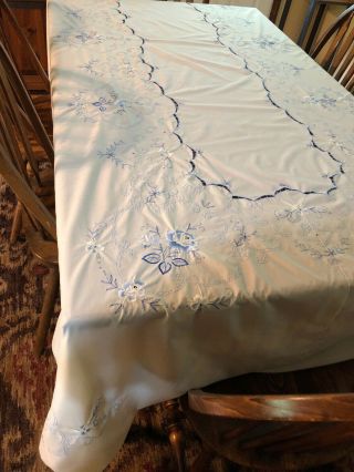 Large Vintage Ivory Embroidered Tablecloth With Cutwork Blue And White 120 X 71