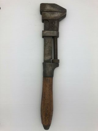 Old Antique Vintage Tools 15 " Wooden Handle Adjustable Monkey Wrench