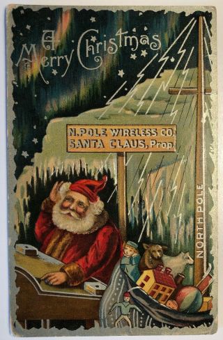 A Merry Christmas N Pole Wireless Co Red Santa On The Telegraph Christmas Litho