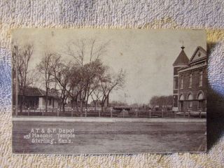 Vintage Postcard A.  T.  & S.  F.  Depot And Masonic Temple,  Sterling,  Kans.