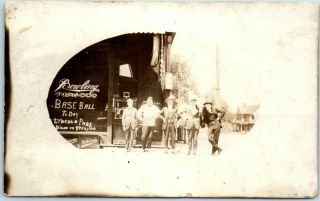 1910s Chicago Ill.  Rppc Real Photo Postcard Men Pool Hall " Baseball Today " Sign