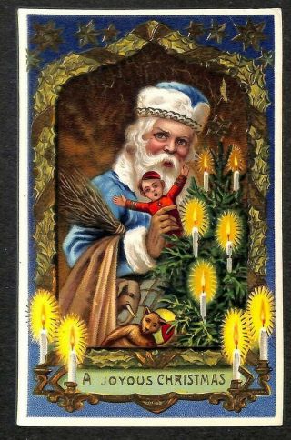 A Joyous Christmas Blue Robed Santa Claus Bag Of Toys Candles 4199 Postcard