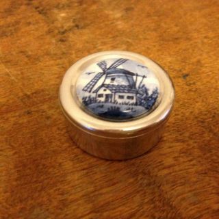 Vintage Rein Zinn Royal Dutch Pewter Delft Porcelain Trinket Snuff Pill Box
