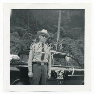 Sheriff Standing By 1955 Chevy Car That Reads " Maryland Park Patrol - 6 " Old Photo