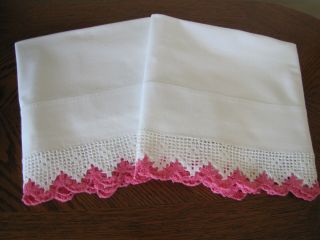 Vintage Pillowcases White & Fancy Pink & White Crocheted Trim Work Wow
