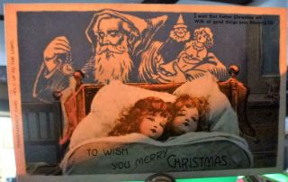 Hold To Light (transparency Postcard) Girls In Bed Santa Above