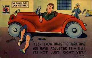 Sexy Lady Car Mechanics Man Convertible Repair Admiring Legs 1940s Linen Comic