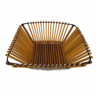 Vintage Bamboo Basket Woven Wooden Slats Fruit Basket Mid Century Modern 60s