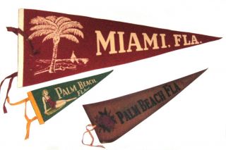 3 Vintage Miami,  Palm Beach Florida Souvenir Felt,  Leather Pennants - Palm Tree,  Girl