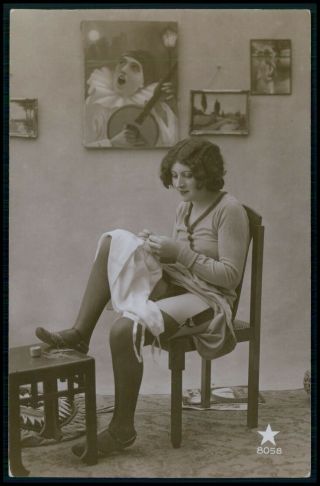 French Risque Sexy Woman Upskirt Stitching Old 1920s Photo Postcard
