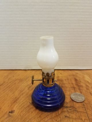 Vintage Mini Alladin Style Oil Lamp Cobalt Blue Milk Glass Globe 4 " Hong Kong