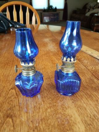 2 Vintage Miniature Cobalt Blue Glass Oil Lamps Hong Kong With Shades & Wicks.