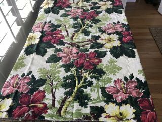 2 Vintage Barkcloth Fabric Panels 42X44 Hibiscus Trees Rosy Pinks Greens Cream 3