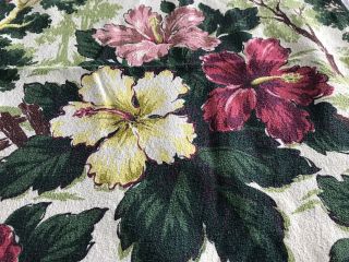 2 Vintage Barkcloth Fabric Panels 42X44 Hibiscus Trees Rosy Pinks Greens Cream 4