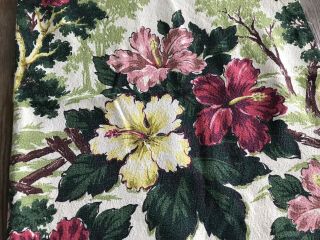 2 Vintage Barkcloth Fabric Panels 42X44 Hibiscus Trees Rosy Pinks Greens Cream 5