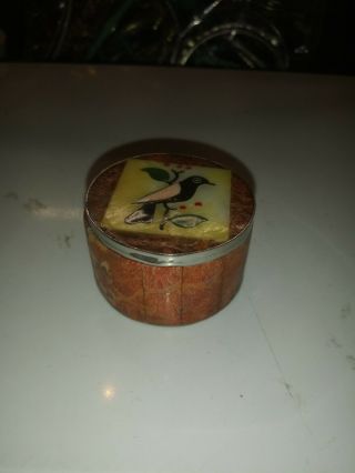 Vintage Stone Mother Of Pearl Inlays Bird Round Trinket Box