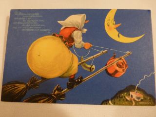 Vintage Swedish Witch Postcard - Skying High With Powder Horn & Tea Pot
