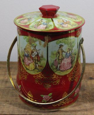Vintage Tea Tin Biscuit Candy With Handle And Lid Red Courtesan Filigree Rose 6 "