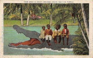 Wide Open Four African American Children Sitting On Alligator Fla Racist