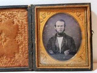 1/6th Plate Daguerreotype Photo,  Ugly Man With Beard,  Arms Crossed; Full Case