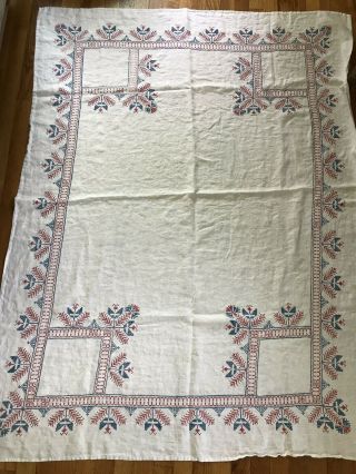Vintage Antique Tablecloth Cross Stitch Red White Blue Colonial Sampler Linen