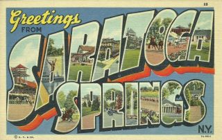 Greetings From Saratoga Springs Large Letter Linen Postcard Curt Teich