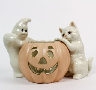 Lenox Porcelain Peek A Boo Friends Halloween Votive W.  24kt Trim Cat Ghost Jol