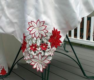 Vintage Christmas Tablecloth White Red Green Poinsettias Embroidered Cut