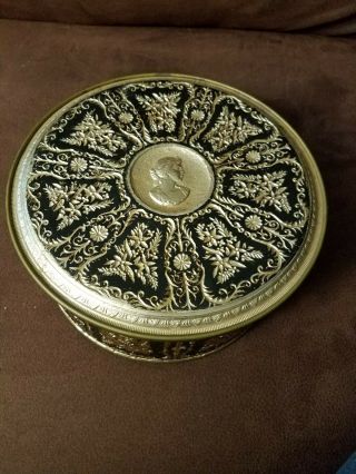 Vintage Guildcraft Ornate Cookie Tin Sewing Black Gold Floral Metalware