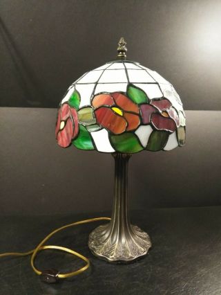 Vintage 16 " Metal Lamp With Floral Tiffany Style Stained Lead Glass Shade