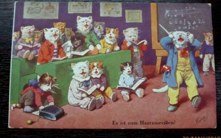 Artist Signed Fury ? Old Postcard Anthropomorphic Cats Singing In Classroom