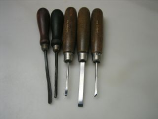 Harmen Set Of 3 & 2 Other Unmarked Wood Carving Tools Sharpened
